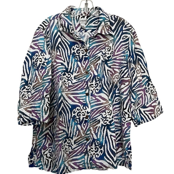 Chico's Tops - Chico’s XL Jewel Tone Abstract Print Button Down Linen Shirt Blouse J
